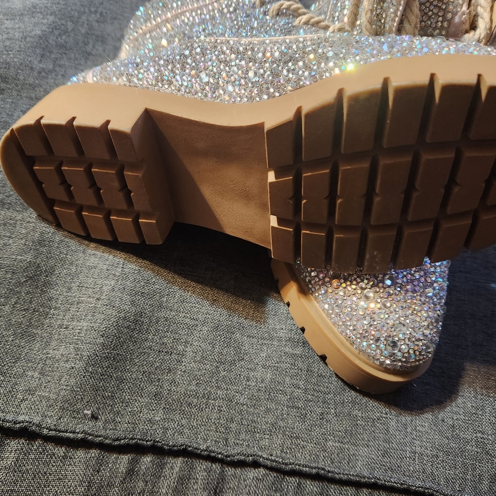 Size 9 Betsey Johnson combat boots covered in rhinestones